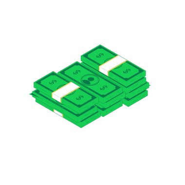 Isometric para yığını. Beyaz arka planda izole edilmiş yeşil banknotların vektör çizimi. Yatırım, ödeme ve tasarruf kavramı için sabit para birimi