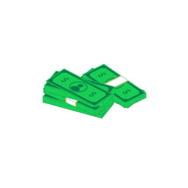Isometric para yığını. Beyaz arka planda izole edilmiş yeşil banknotların vektör çizimi. Yatırım, ödeme ve tasarruf kavramı için sabit para birimi