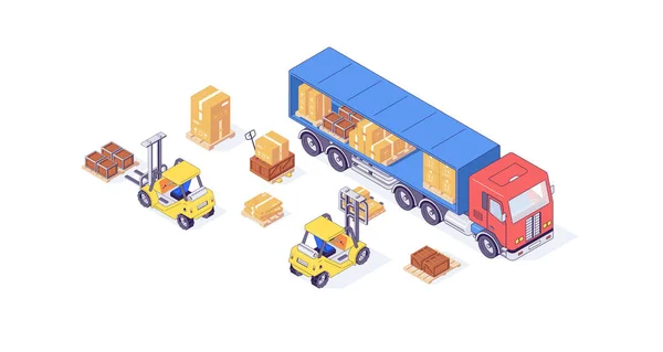 Itric Depo Palet Kargo Forklift Kamyonu ve Forklift Malzemeleri Yükleme. Taşıma ve yükleme vektör illüstrasyonu. Kutu forkliftleri beyaz arkaplanda izole edilmiş palet kamyonları. 3d lojistik kavram