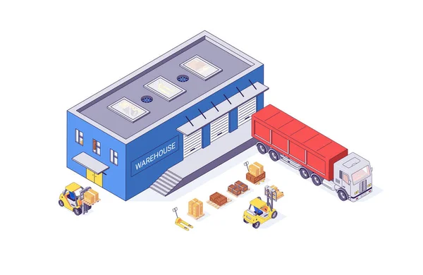 アイソメトリック倉庫ボックス貨物フォークリフトパレットとフォークリフト工場 納品商品のベクトルイラスト ボックスフォークリフト白い背景に隔離されたパレットトラック 3Dロジスティックデポ — ストックベクタ