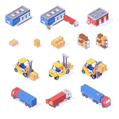 Deponun izometrik kutuları paletler kargo yük kamyonları forkliftler ve izole vektör çizimleri. Depolama kutusu paleti forklift envanteri raf taşımacılığı. Teslimat endüstrisi konsepti