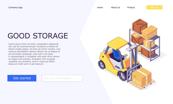 Isometric lojistik depo kutuları kamyonlar malları forkliftler ve web şablon illüstrasyonu iletimi için tersini yapar. 3D kamyon forklift malları ve depolama şablonları tasarımı