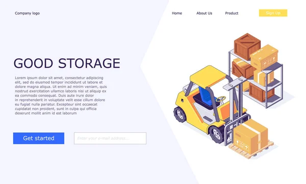 等距物流仓库箱卡车叉车和倒装货物 用于交付网络模板矢量演示 3D箱卡车叉车和仓库模板设计 — 图库矢量图片