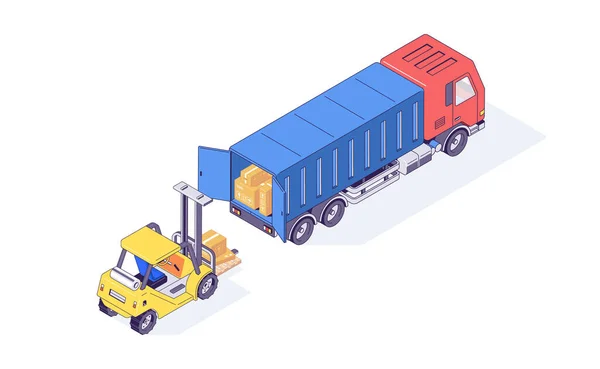 Isometric warehouse boxes forklift truck and loader. Loader load goods into the truck for delivery vector illustration — Stock Vector