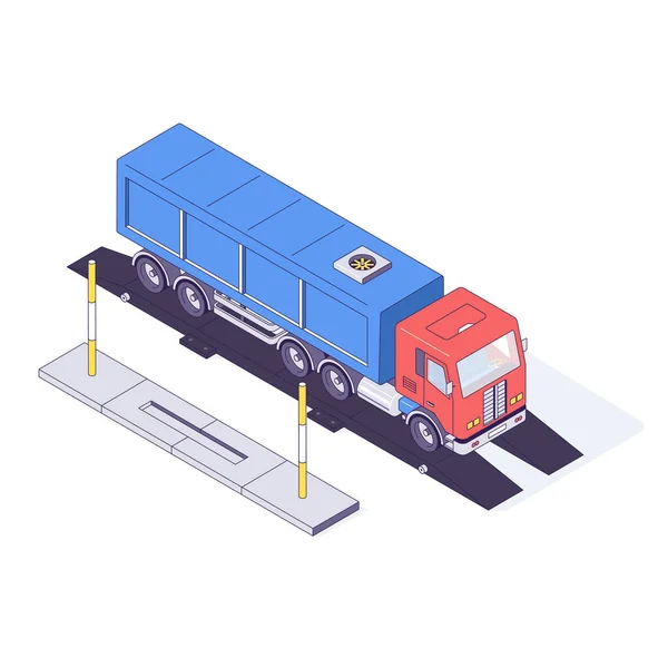 Izometrický nákladní vůz přepravuje automobily a váhy. Doprava dodávky kamiony logistické auto vektor ilustrace — Stockový vektor