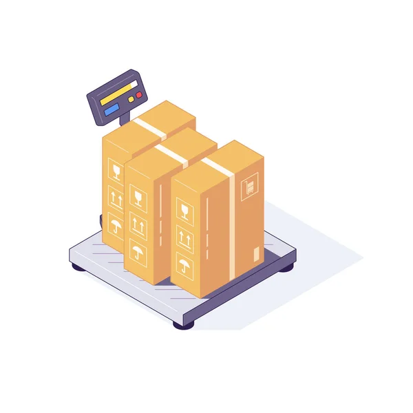 Isometric depo karton kutuları nakliye malzemeleri paketleri terazi üzerinde. 3d kutu boyutu vektör çizimi