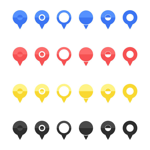Pins for map, location symbol, navigation position road marker and travel place pointer web vector illustration. Set of pushpin markers signs pointers symbols for maps isolated on white background