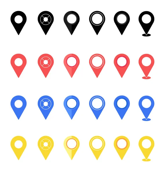 Pinos para mapa, símbolos de localização, marcador de posição de navegação e ilustrações vetoriais web de ponteiro de lugares de viagem — Vetor de Stock