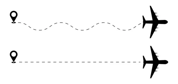 Trajectoire vol voyage en avion et voler silhouette, voler avion voyager symbole vectoriel illustration — Image vectorielle