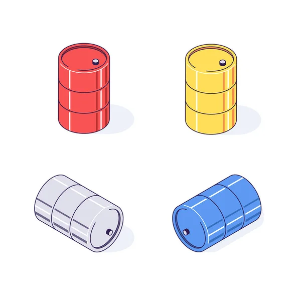 Izometrikus hordók vörös sárga szürke és kék. Síkrakomány áruk üzemanyag benzin benzin gáz és éghető vektor illusztráció — Stock Vector