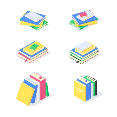 Isometric kitap ders kitabı eğitim bilgisi kütüphane düz simge vektör illüstrasyonunu öğrenin. 3D kitap seti eğitim sembolleri öğrenme tasarım kavramı beyaz arkaplanda izole