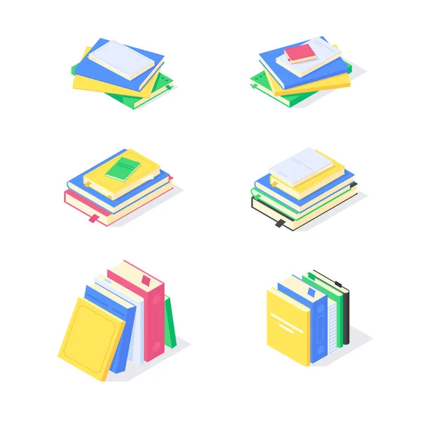 Isometric kitap ders kitabı eğitim bilgisi kütüphane düz simge vektör illüstrasyonunu öğrenin. 3D kitap seti eğitim sembolleri öğrenme tasarım kavramı beyaz arkaplanda izole
