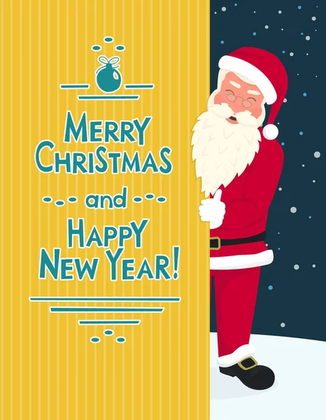 Le Père Noël souriant portant un chapeau rouge et des lunettes tient une bannière avec de joyeux Noël — Image vectorielle