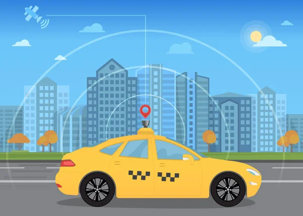 Auto-conduite voiture de taxi intelligent sans conducteur passe par la ville en utilisant des GPS de navigation moderne — Image vectorielle