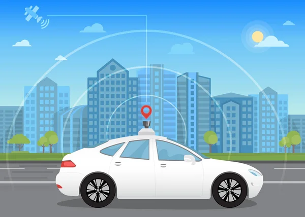 Auto-conduite voiture intelligente sans conducteur passe par la ville en utilisant la navigation moderne — Image vectorielle