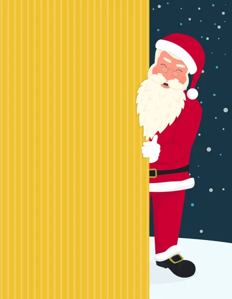 Улыбающийся Санта-Клаус в красной шляпе и очках держит плакат с весёлым Рождеством — стоковый вектор