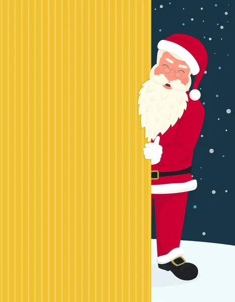 Santa Claus dragen rode hoed en bril glimlachend houdt een banner met vrolijk chrismas — Stockvector