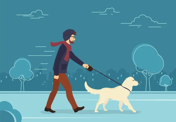 Young man walking outdoors with his dog in the evening — Stock Vector