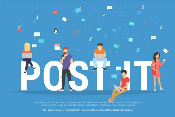 Post it laptop ve smartphone gibi aygıtlar kullanan gençlerin kavramı çizimi