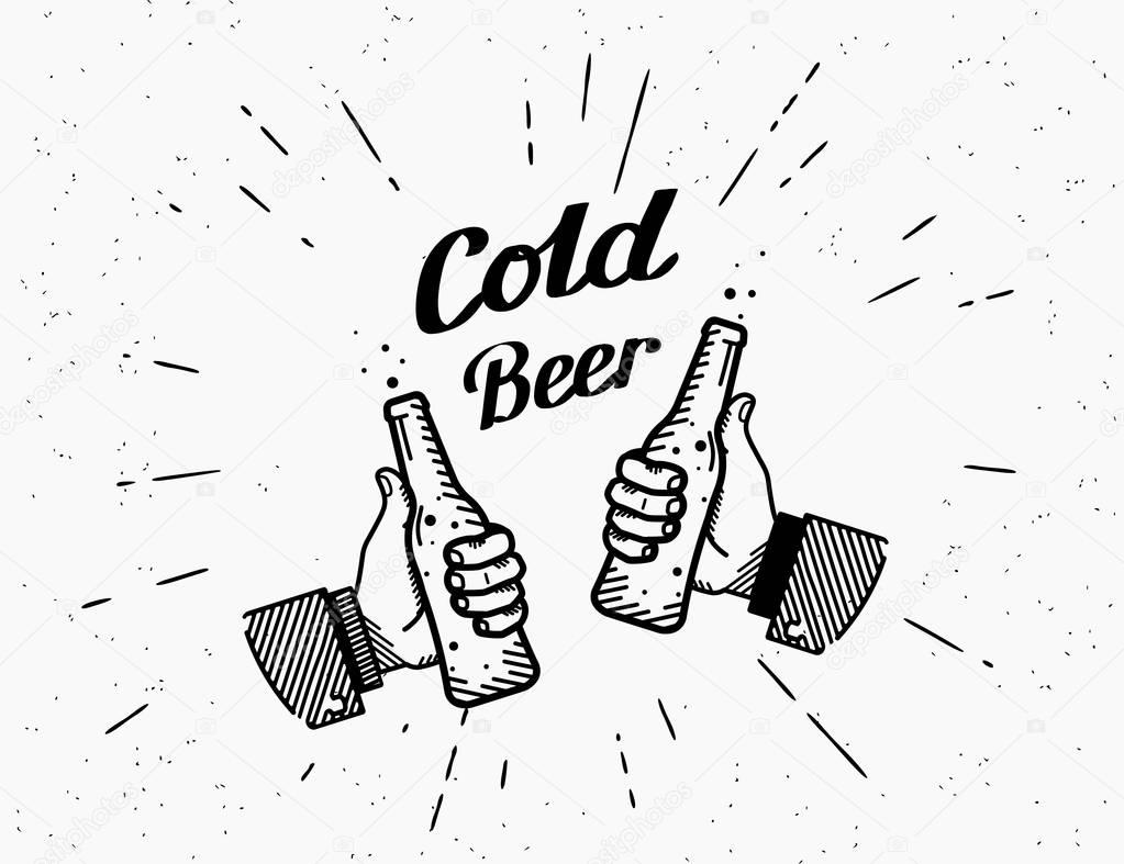 Two hands with thumbs up symbol icon of cold beer bottle. Retro fashioned illustration of friends hands holds beer bottle with handwritten lettering text on grunge background