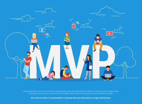 Иллюстрация концепции MVP для бизнесменов, использующих устройства для покупки новых приложений и цифровых товаров — стоковый вектор