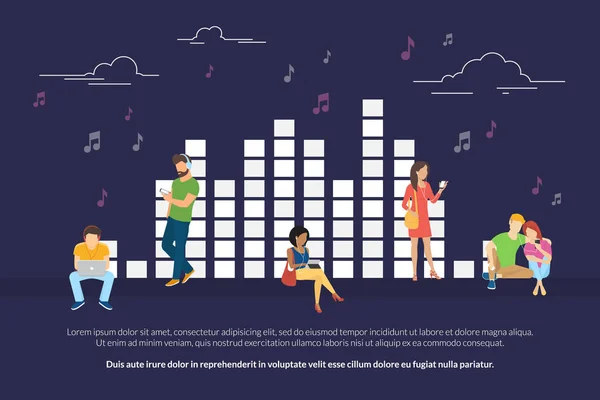 Концепція музичного еквалайзера ілюстрація молодих чоловіків і жінок, які слухають музику і розслабляються — стоковий вектор