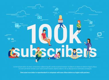 100 k aboneleri konsept illüstrasyon genç erkek ve kadın ilginç blogcular takip ve ağ