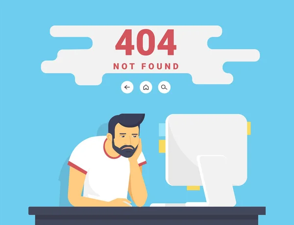 Man with pc sitting at home 404 page not found error — Stock Vector