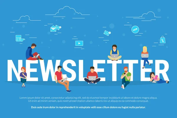 Newsletter suscriptores concepto ilustración de los jóvenes que reciben cartas comerciales y ofertas de promoción — Vector de stock