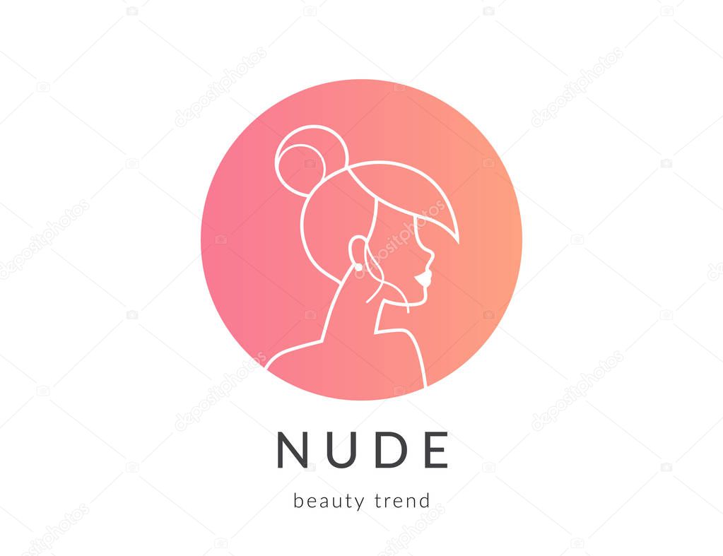 Women beauty symbol gradient icon for nude makeup trend. Outlined icon of young woman on rose circle. Female face design for commercial beauty brand or fashion element