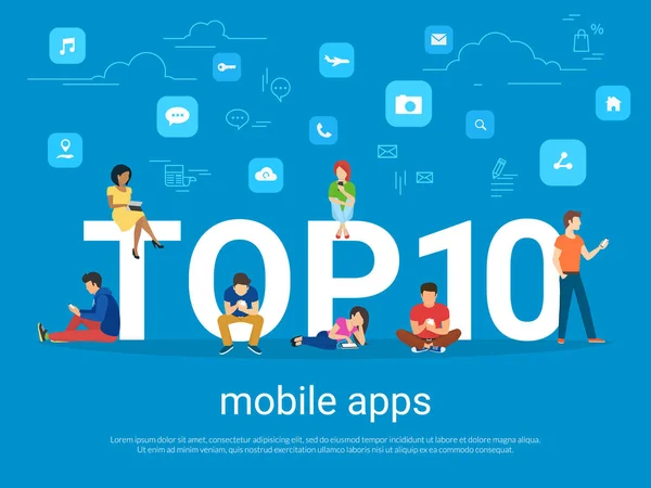 Topo 10 aplicativos móveis e pessoas com gadgets usando smartphones — Vetor de Stock