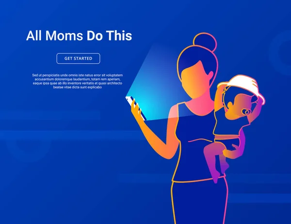 Todas as mães fazem isto. Jovem mãe com bebê usando smartphone para redes sociais —  Vetores de Stock