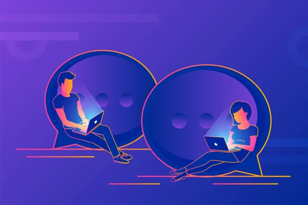 Chat talk concept illustrazione di giovani che utilizzano computer portatili per l'invio di messaggi — Vettoriale Stock