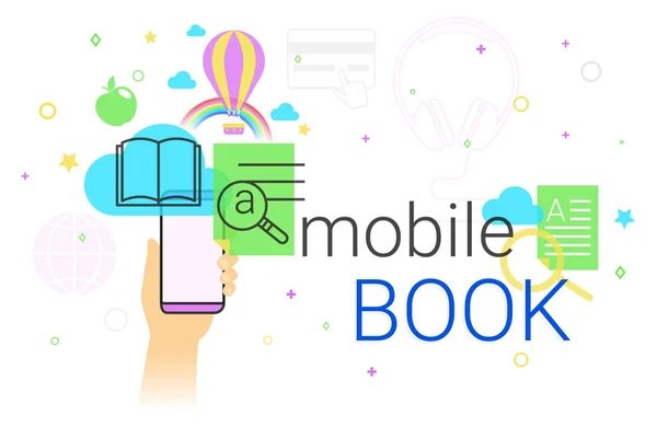 Мобильная книга и электронное библиотечное приложение на векторной иллюстрации концепции смартфона — стоковый вектор