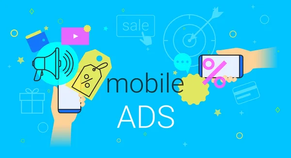 Anúncios móveis e marketing no smartphone conceito criativo ilustração vetorial —  Vetores de Stock