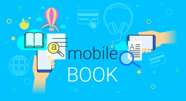 Livro móvel e aplicativo de biblioteca eletrônica na ilustração do vetor conceito de smartphone —  Vetores de Stock
