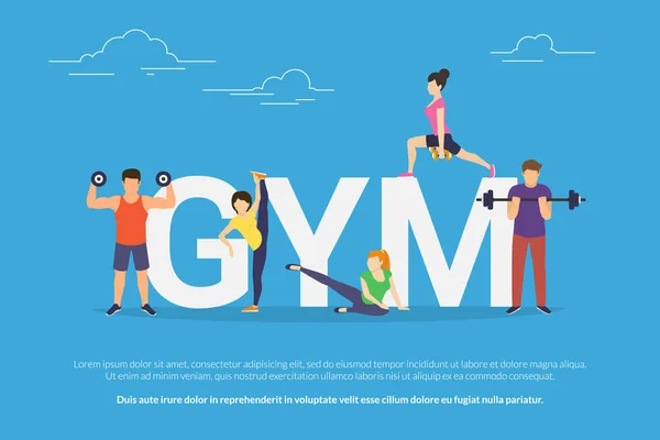 Gym concept vector illustration of young people doing workout with equipment — Stock Vector