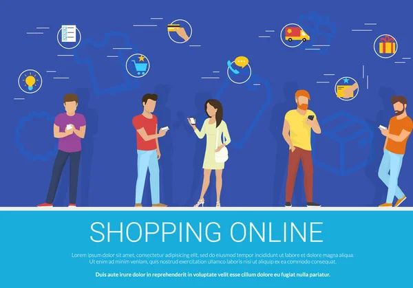Ψώνια online έννοια διανυσματικά εικονογράφηση της ομάδας των ανθρώπων που χρησιμοποιούν κινητά smartphone για την αγορά αγαθών — Διανυσματικό Αρχείο