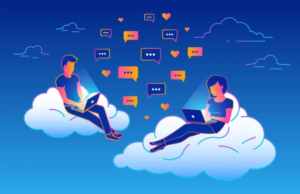 Chat talk concept design de jeunes utilisant des ordinateurs portables pour envoyer des messages et assis sur des nuages dans le ciel — Image vectorielle