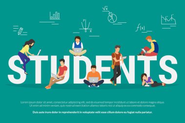 Öğrenciler e-öğrenme, uzaktan eğitim ve online eğitim için gençler usinggadgets çizimi vektör