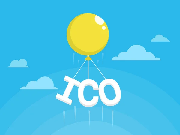 ICO brieven opvliegende in blauwe hemel met gele luchtballon — Stockvector