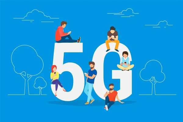 平板的人与小工具坐在大5g 符号 — 图库矢量图片