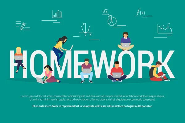 Homework e aprendizagem conceito vetor ilustração de sudents trabalhando on-line —  Vetores de Stock