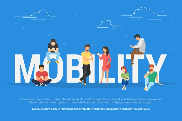 Mobilite kavramı vektör çizim hareket eden smartphones kullanan gençlerin — Stok Vektör