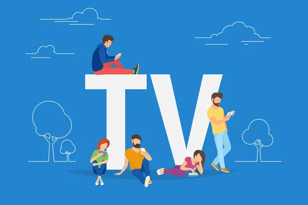 Mobile tv concept illustrazione dei giovani che utilizzano lo smartphone per guardare la tv — Vettoriale Stock