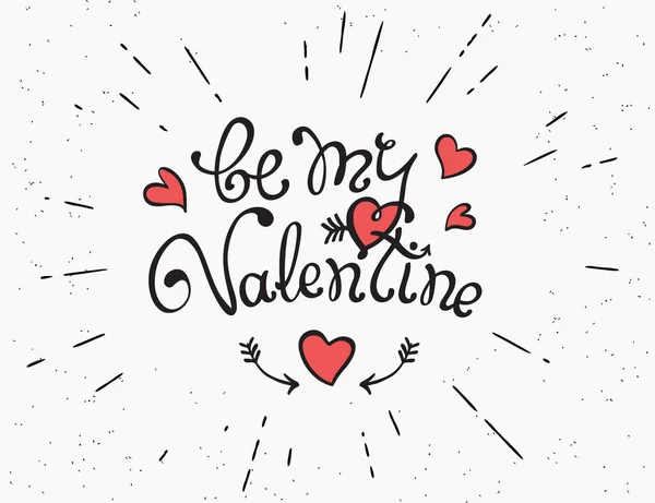Be my Valentine handwritten decorative text with sunburst and red hearts — Stock Vector