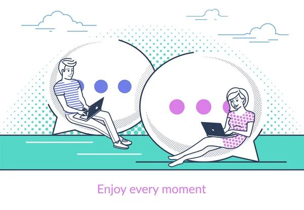 Chat talk concept illustrazione di giovani che utilizzano computer portatili per l'invio di messaggi — Vettoriale Stock