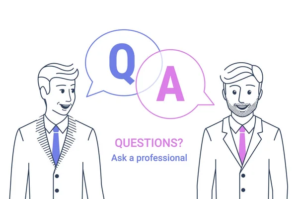 Consulting business advise. Businessman and consultant with speech bubbles and letters q and a — Stock Vector