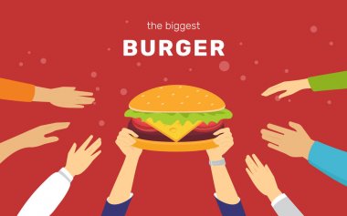 Mutlu insanlar, en büyük hamburger kavramı vektör çizim lezzetli hamburger istiyorum