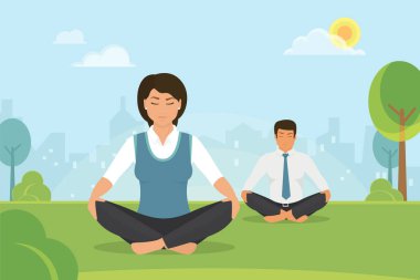 Kadın ve lotus pozisyonu parkta meditasyonda yapan erkek